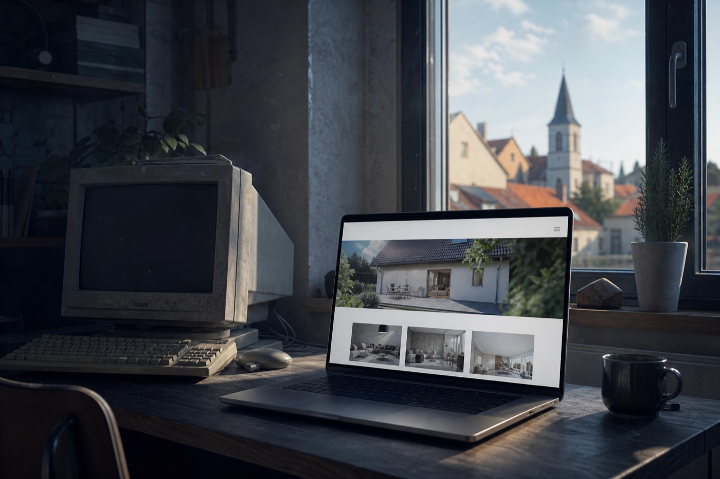 Starý monitor vedle moderního notebooku — redesign webu