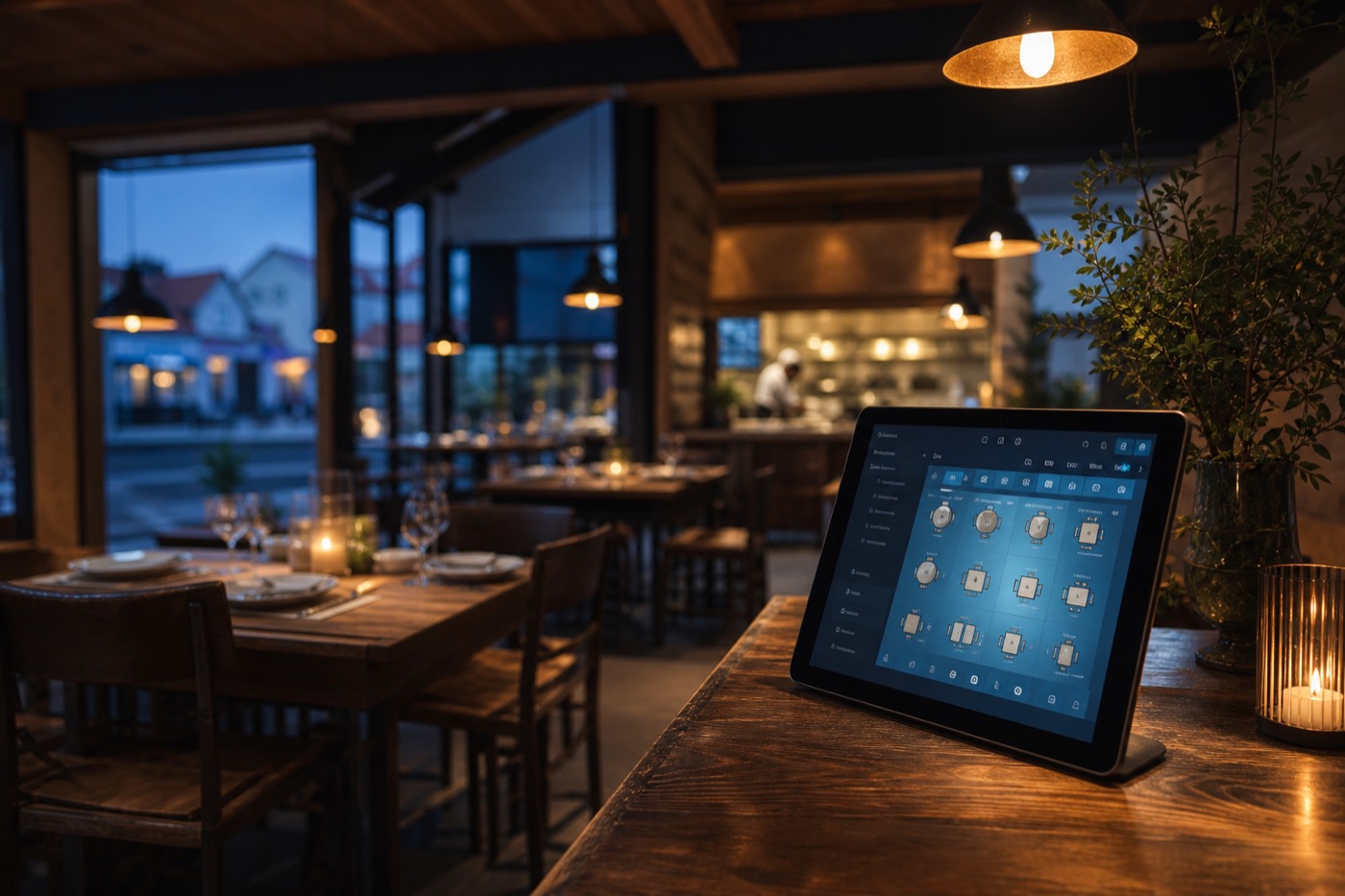 Interiér restaurace navečer s prostřenými stoly